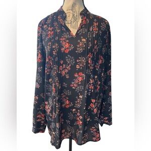 Joan Rivers Floral Blouse Pleated Black Sheer Flowers Mandarin Collar Sz 8